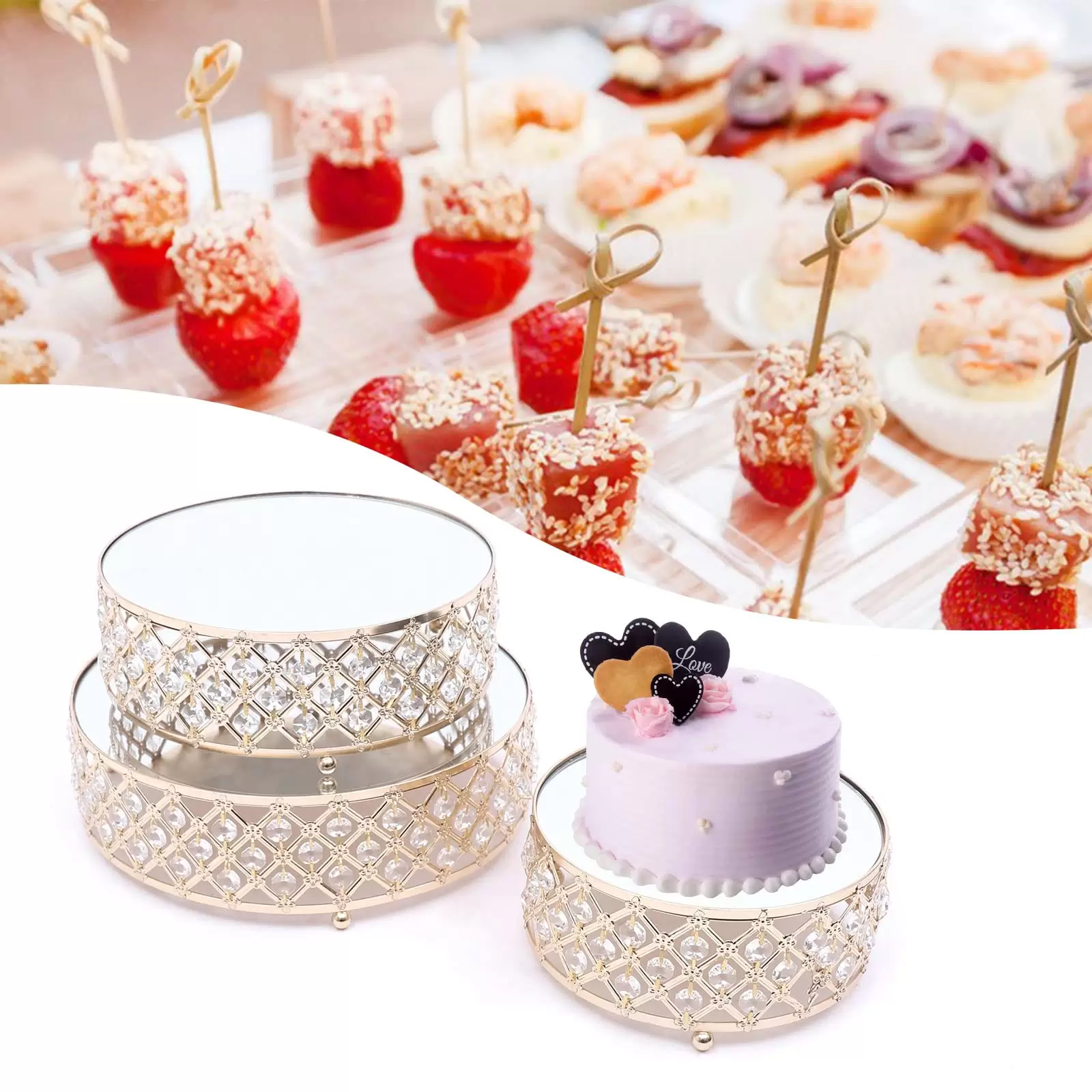 Lot de 3 présentoirs à gâteaux en métal de luxe- Pour anniversaire, fête, en fer et cristal de qualité supérieure (3 pièces, doré) Lot de 3 présentoirs à gâteaux en métal de luxe- Pour anniversaire, fête, en fer et cristal de qualité supérieure (3 pièces, doré)