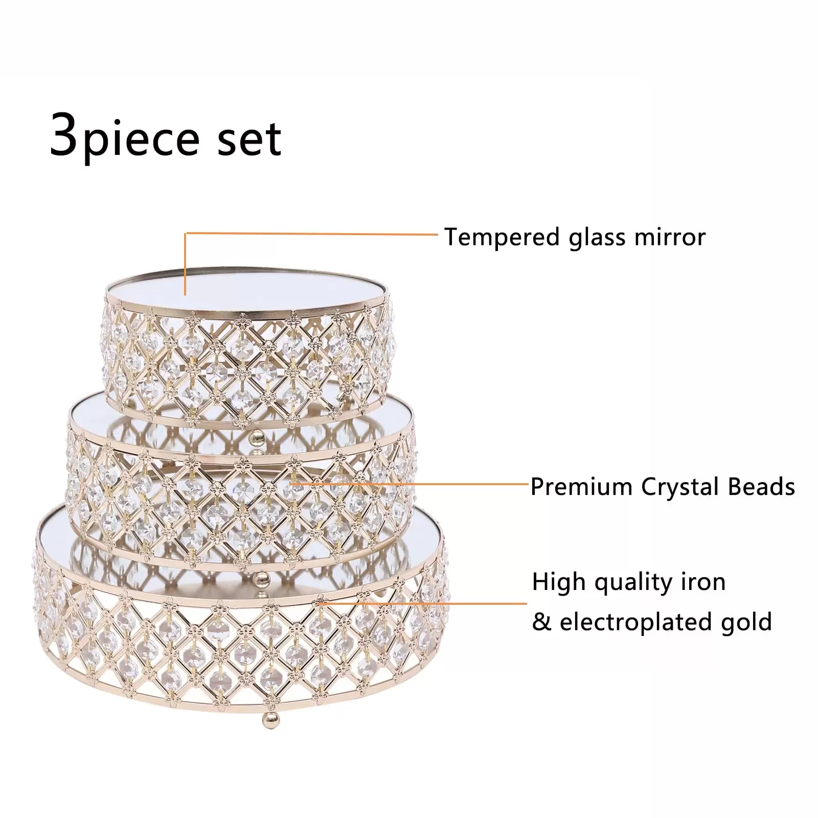 Lot de 3 présentoirs à gâteaux en métal de luxe- Pour anniversaire, fête, en fer et cristal de qualité supérieure (3 pièces, doré) Lot de 3 présentoirs à gâteaux en métal de luxe- Pour anniversaire, fête, en fer et cristal de qualité supérieure (3 pièces, doré)