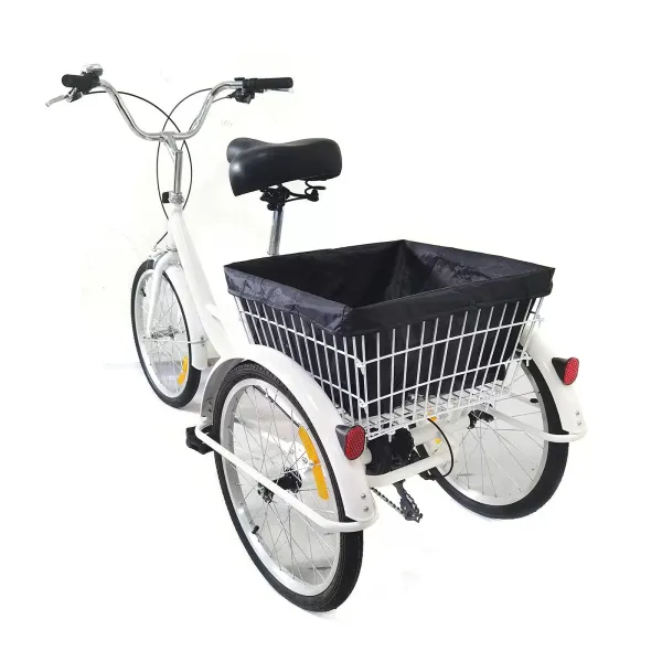 Tricycle Adulte 24 Pouces – 6 Vitesses – Cadre Acier, Freins, Panier 20 Kg – Blanc – Confort Et Sécurité