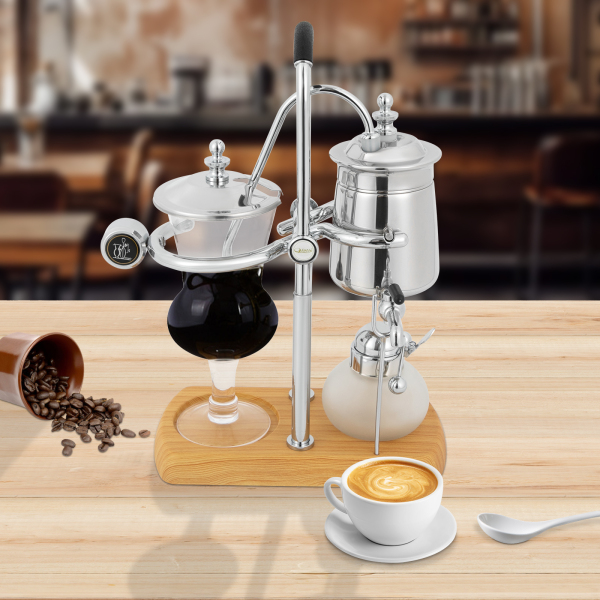 Cafetière Syphon en acier inoxydable sous vide - Cafet à piston - Machine à café belge - Verre de table - Siphon - Machine à café (argenté)