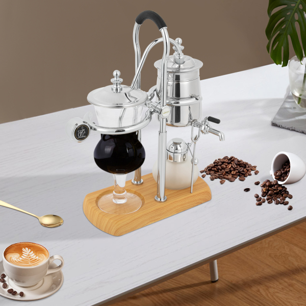 Cafetière Syphon en acier inoxydable sous vide - Cafet à piston - Machine à café belge - Verre de table - Siphon - Machine à café (argenté)