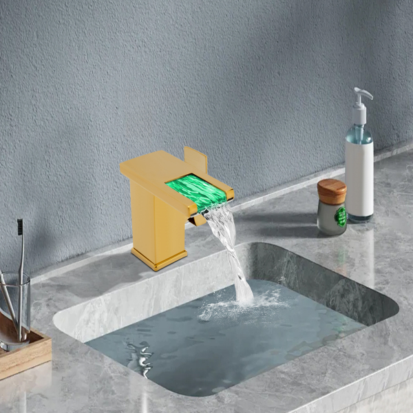 Robinet de baignoire LED, Robinet à lumière LED 3 couleurs, Robinet cascade, Sécurité intelligente, 0-80℃, 12.5*12.5*6 cm, Or