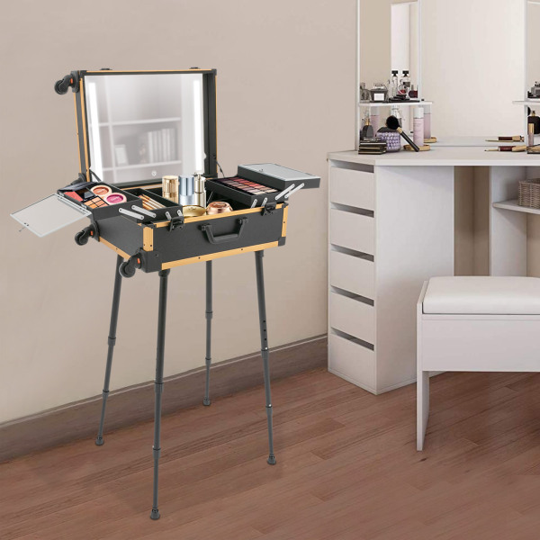 Trousse de maquillage professionnelle Trousse de maquillage de voyage avec miroir LED Noir Jaune Trousse de maquillage professionnelle Trousse de maquillage de voyage avec miroir LED Noir Jaune